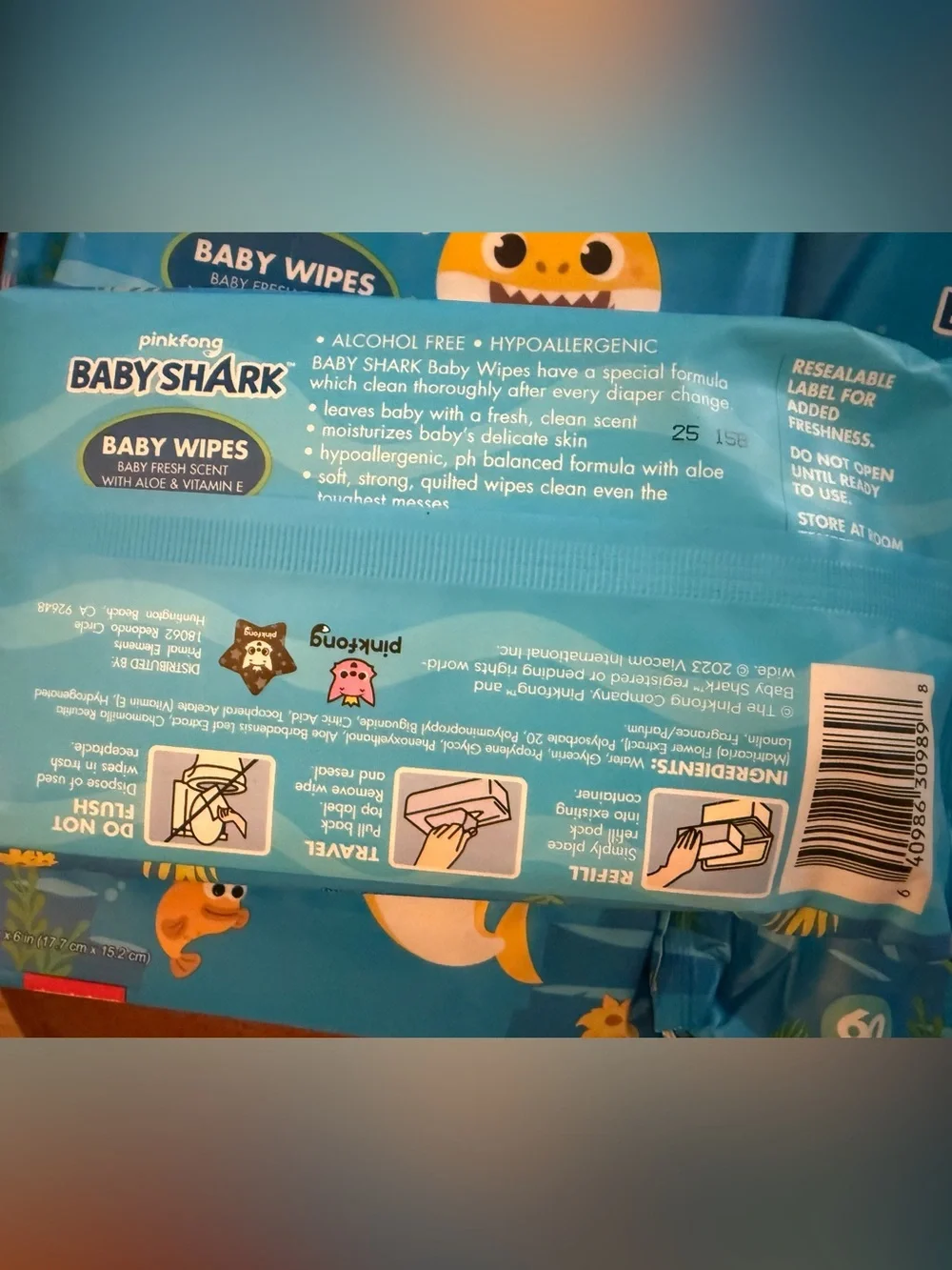 8 Pack Pinkfong Baby Shark Baby Wipes - Nickelodeon, Baby Powder Scent
